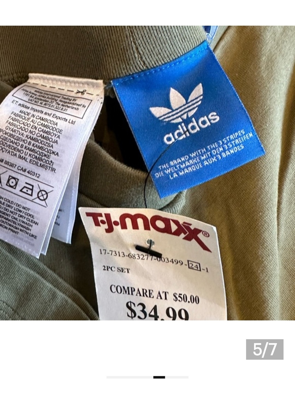 Adidas Olive Green Leggings with White Trefoil Logos Women's XS - Picture 3 of 3